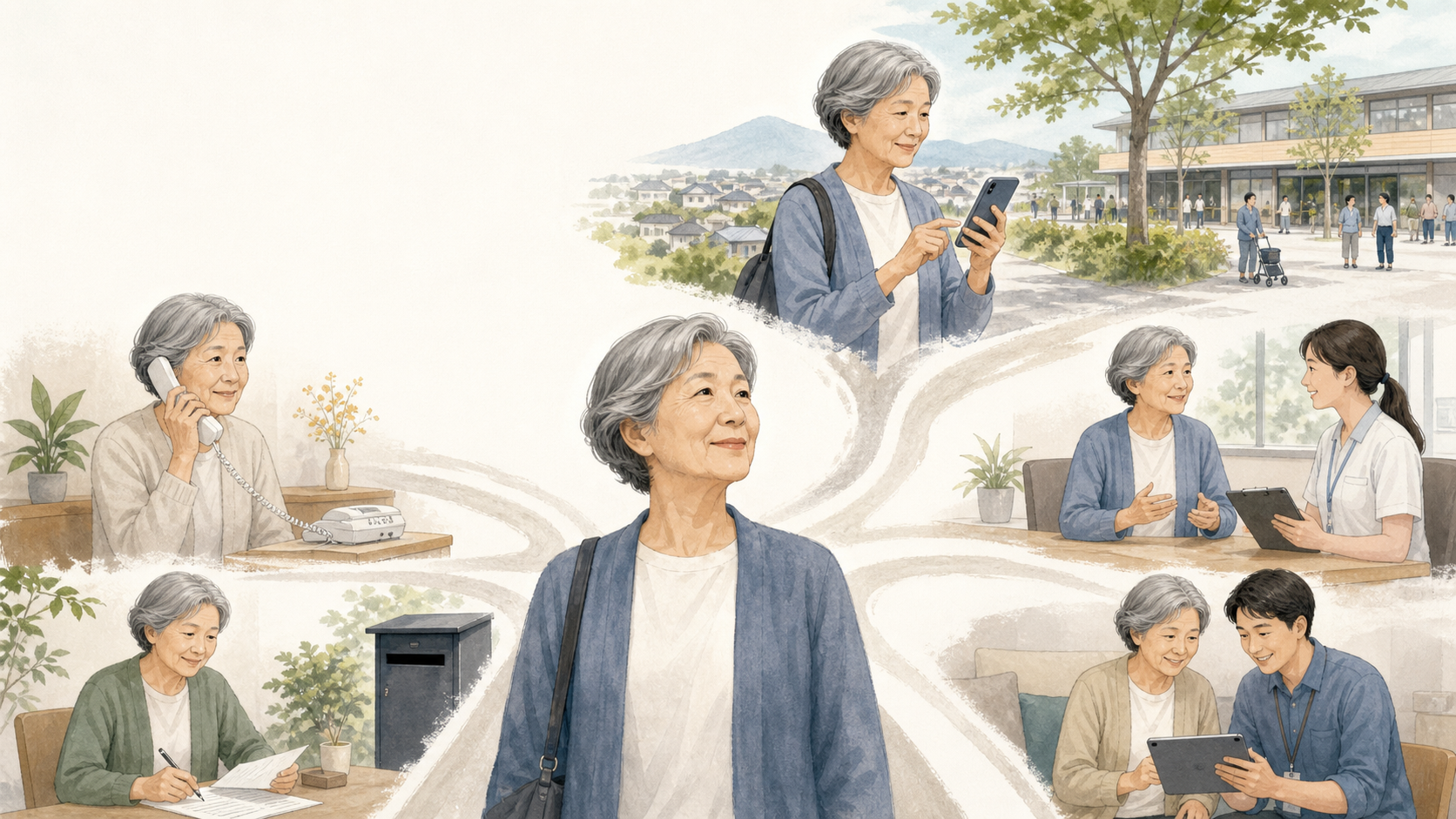 本人を中心にスマートフォン、電話、紙、対面、支援付き利用が同じケアと生活目標へつながる複数経路