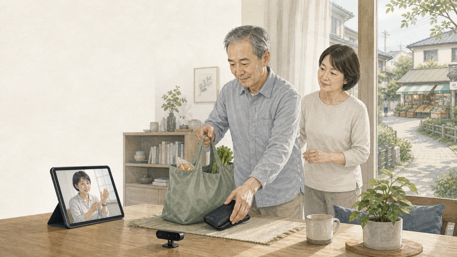 本人が近所での買い物再開を目標に動作を練習し、家族、遠隔の作業療法士、センサー、住環境、地域の店が支える場面