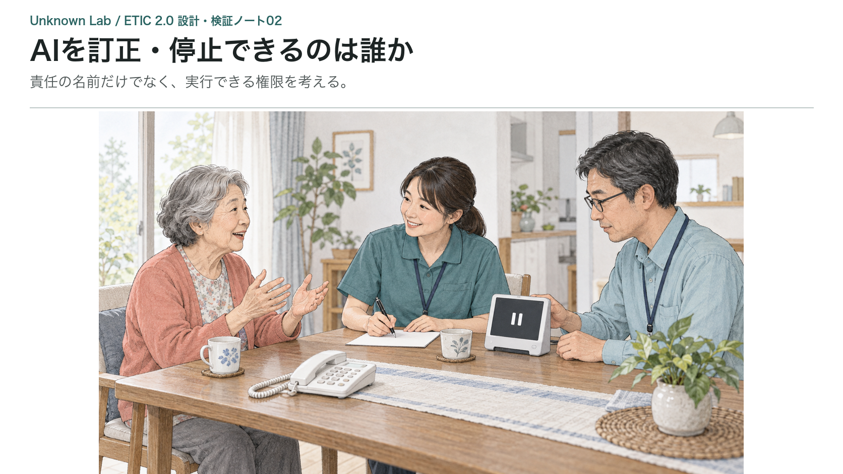 本人と支援者が対話を続け、技術担当者が停止中の機器を確認する概念図