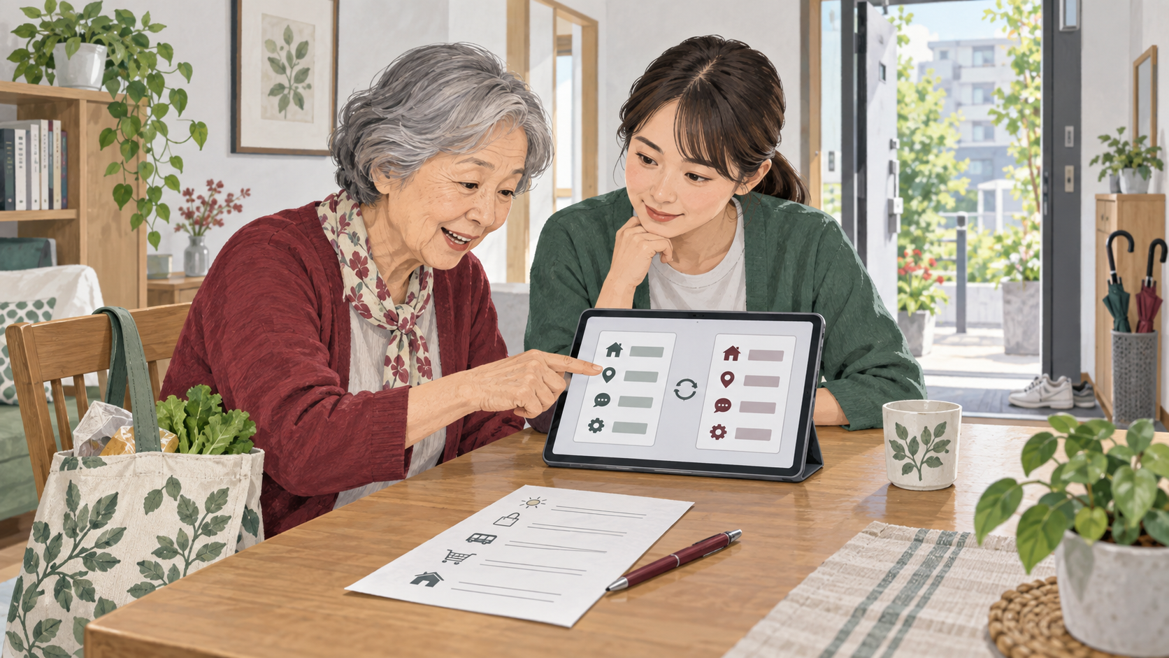 買い物の準備をする本人と支援者が、更新されたタブレットの画面を一緒に確かめる架空の場面