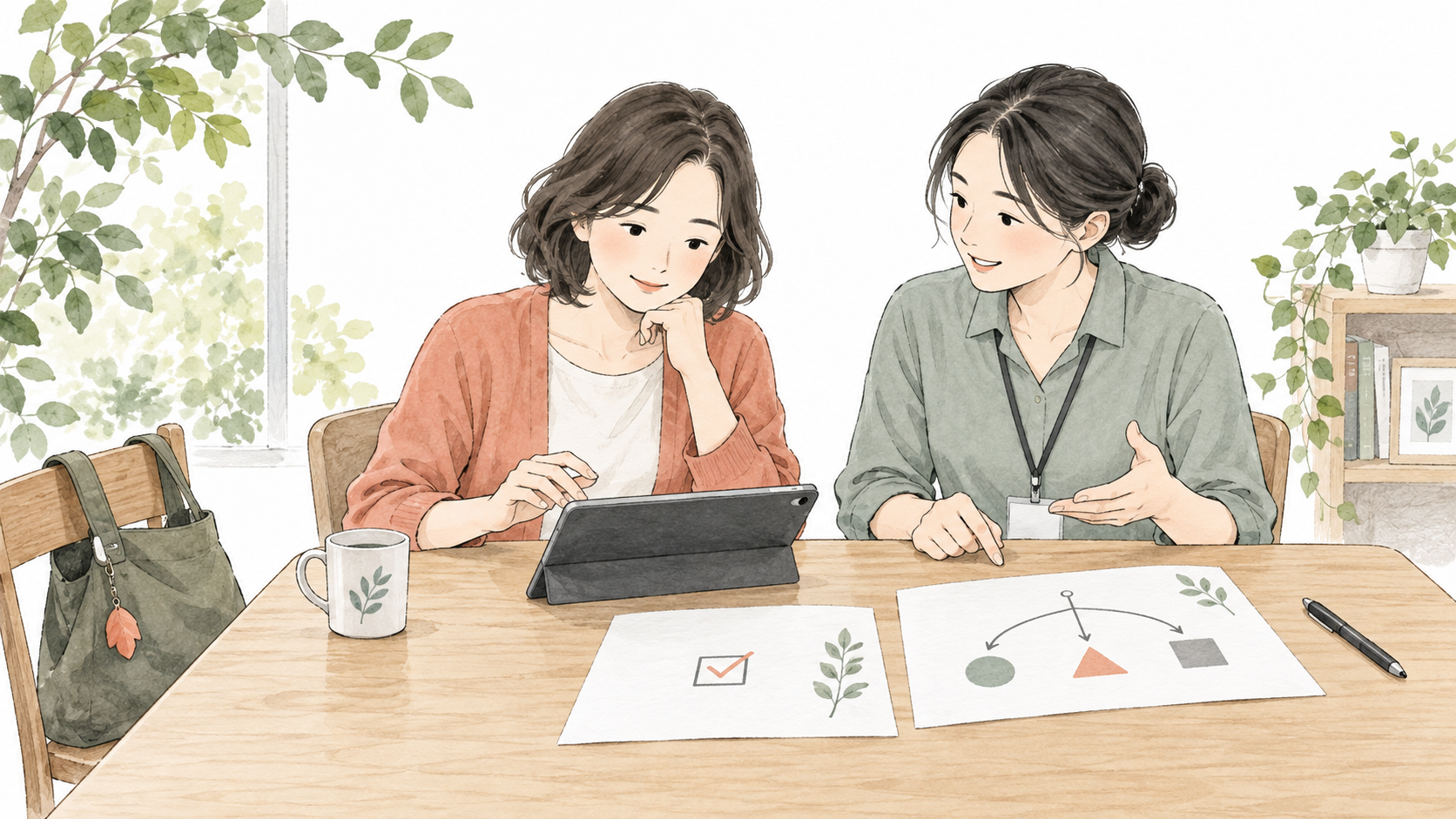 本人と支援者がタブレットを前に、以前の同意と新しいデータの使い道を示す二枚の紙を確かめる架空の場面