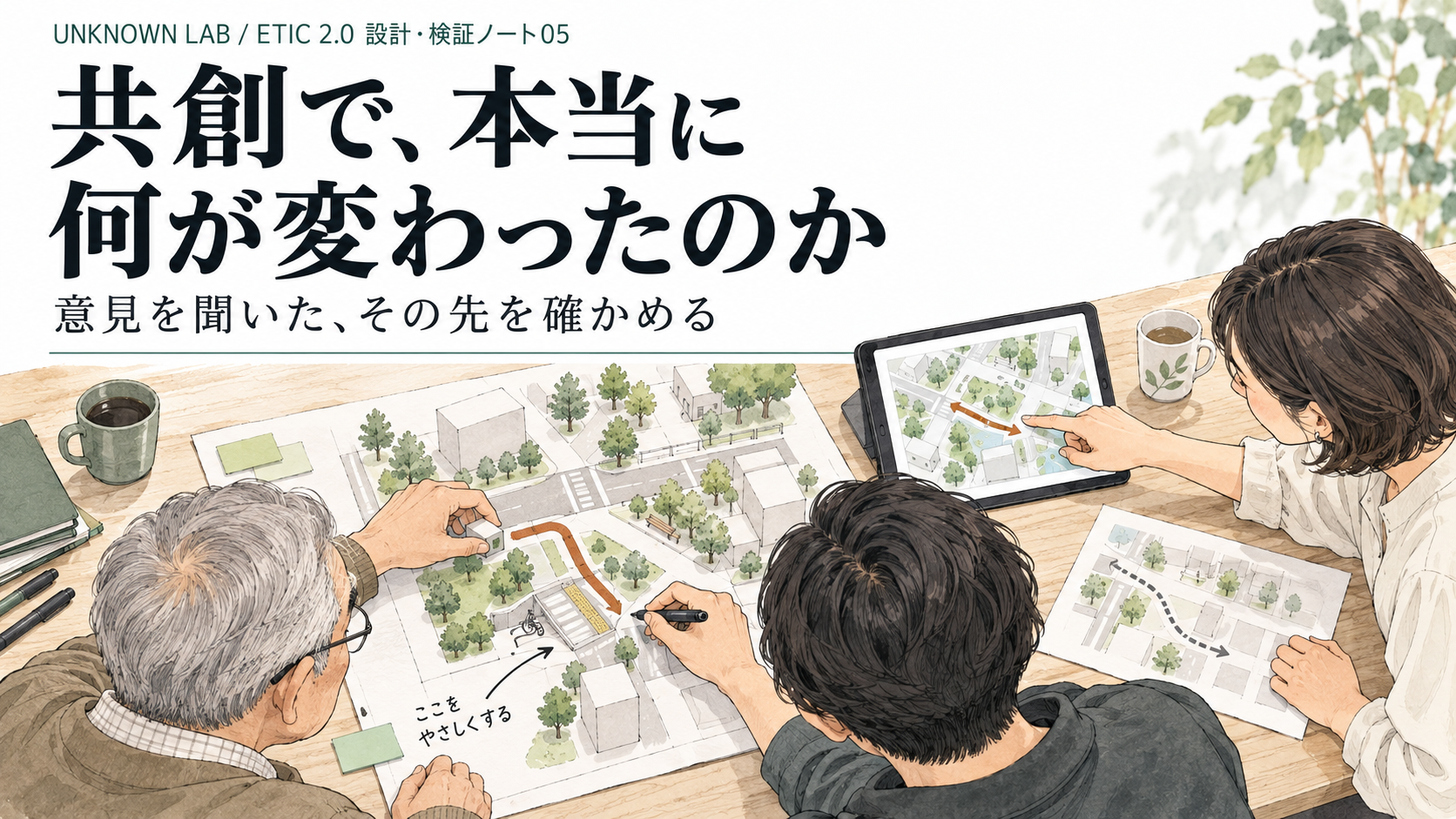 共創で、本当に何が変わったのか。本人、支援者、設計者が地域の紙模型とタブレットで経路の変更を確かめる説明用イラスト