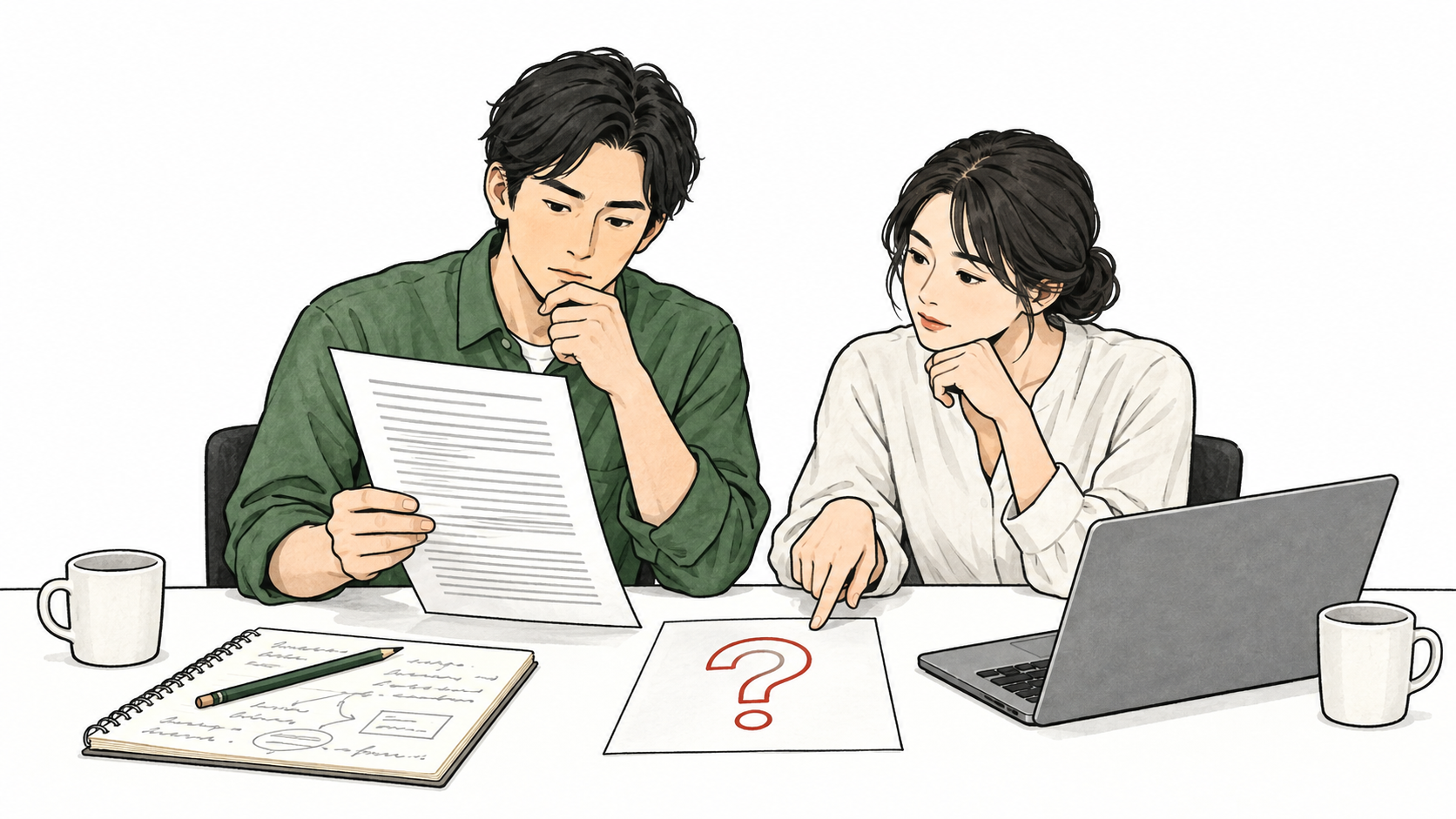 二人の専門職が、長い提案書と疑問符のある紙を比較して考える架空の場面。机にはノートとパソコンがある。